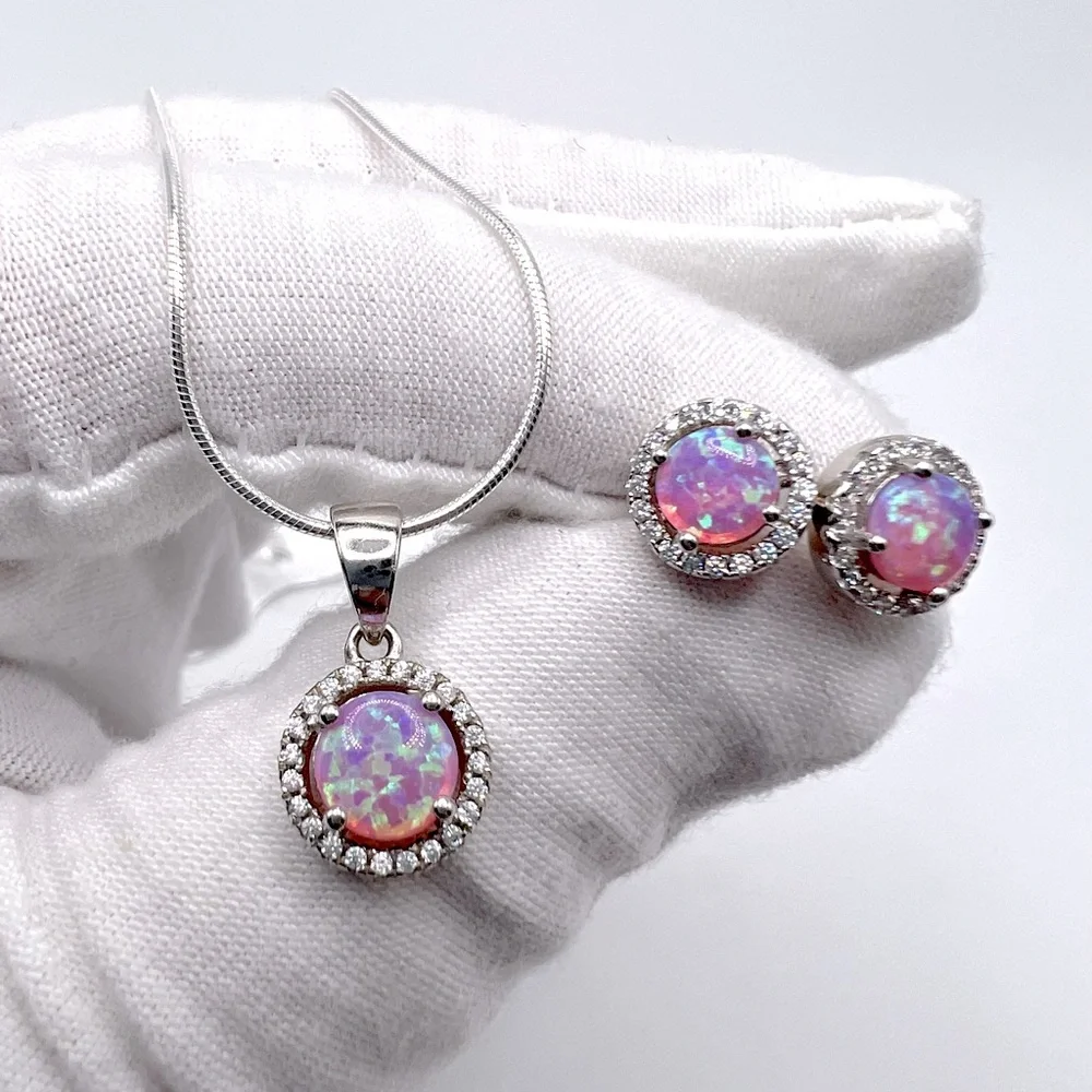 Sterling Silver Halo Pink Fire Opal Cz Set - Picture 14 of 17